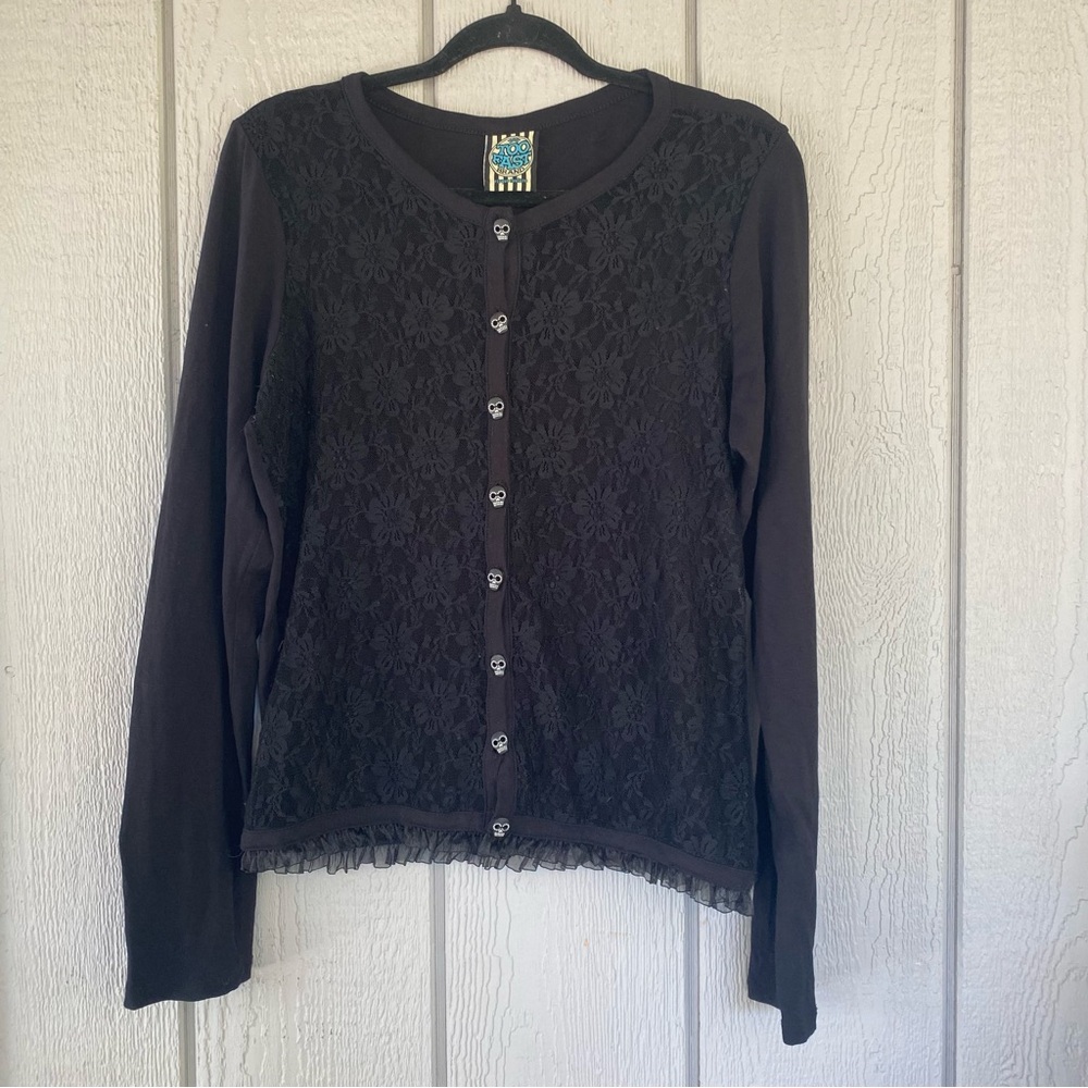 Too Fast Black Skull Button Lace Cardigan
